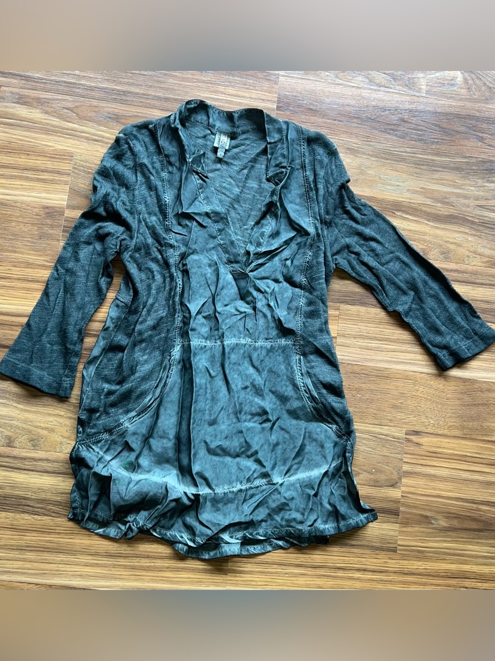 XCVI Washed Gray Ruffle-Front Long Sleeve Tunic